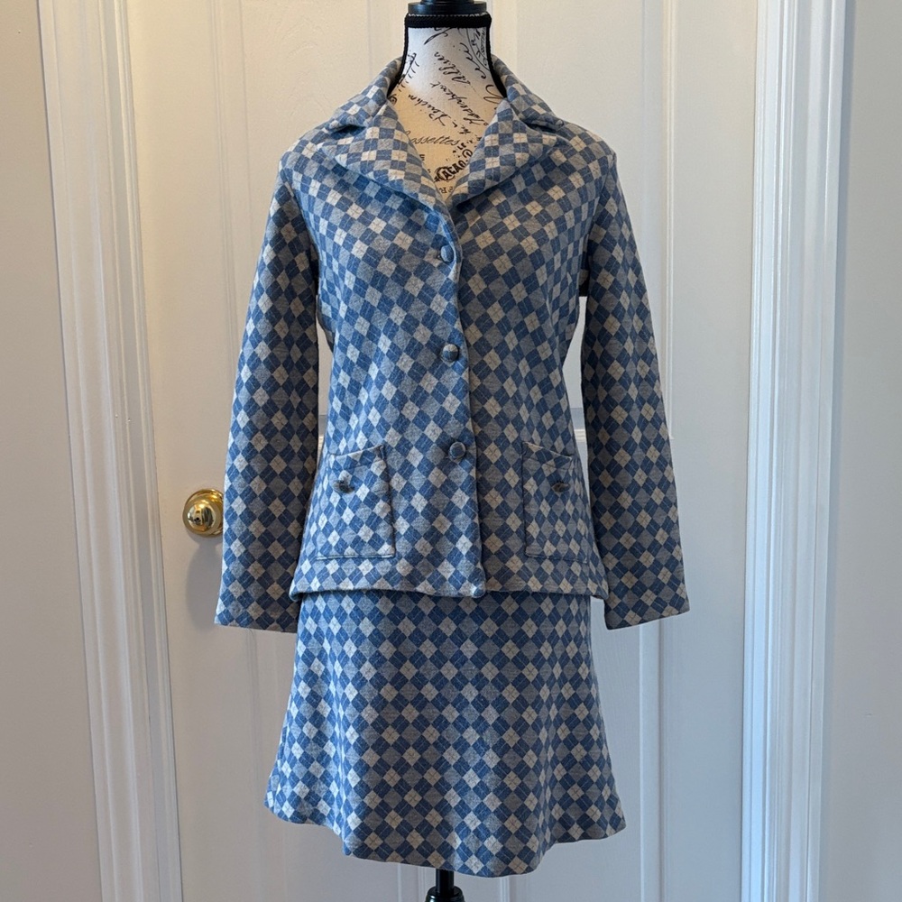 Blue and Cream Argyle Vintage Skirt Set